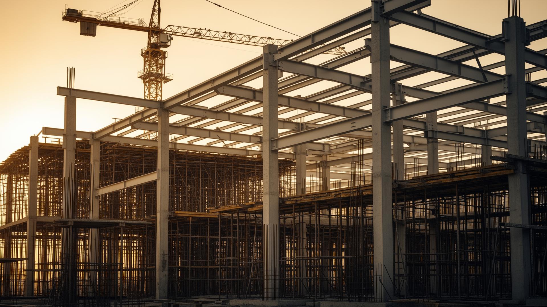 Estructura de acero y obra en construcción